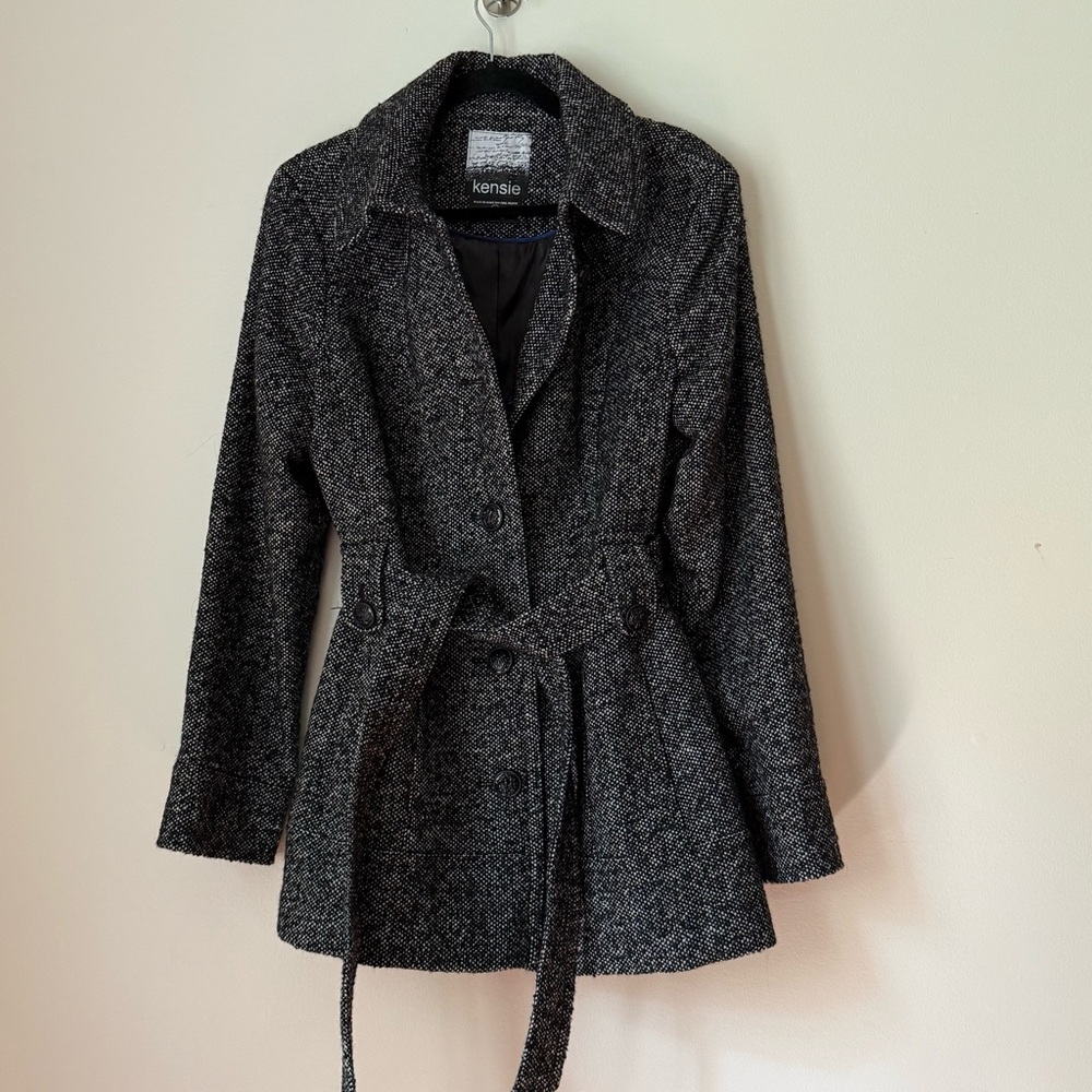 NWOT Kensie Wool Blend Tweed Short Belted Trench Coat Black and White, Size XL